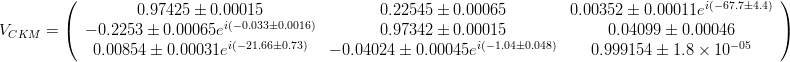 V_{CKM}=\left(\begin{array}{ccc} 0.97425 \pm 0.00015 & 0.22545 \pm 0.00065 & 0.00352 \pm 0.00011e^{i(-67.7 \pm 4.4)}\\ -0.2253 \pm 0.00065e^{i( -0.033 \pm 0.0016)} & 0.97342 \pm 0.00015 & 0.04099 \pm 0.00046 \\ 0.00854 \pm 0.00031e^{i(-21.66 \pm 0.73)} & -0.04024 \pm 0.00045e^{i( -1.04 \pm 0.048)} & 0.999154 \pm 1.8\times 10^{-05}\end{array}\right)